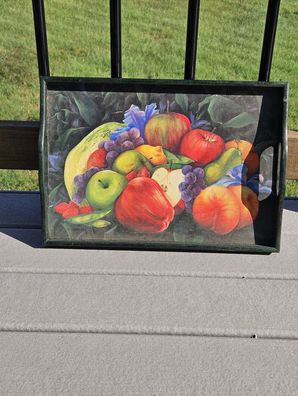 Vtg MCM Wooden Serving Tray Colorful Fruit Bowl Painting Cottagecore Kitchen Art